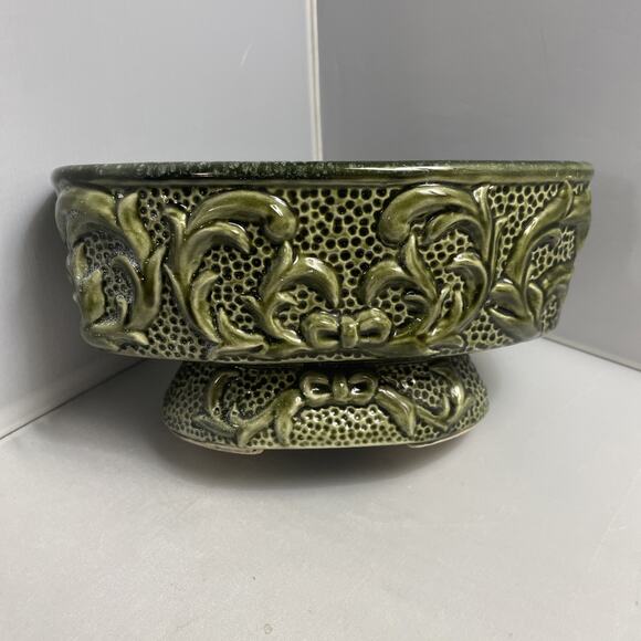 MCM Planter Vase Vintage 1950's Pedestal Ceramic Gloss‎ Green Raised Design - Picture 2 of 9